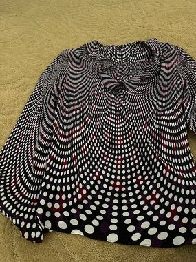 T Tahari Black Polka Dot Blouse with White and Purple Accents